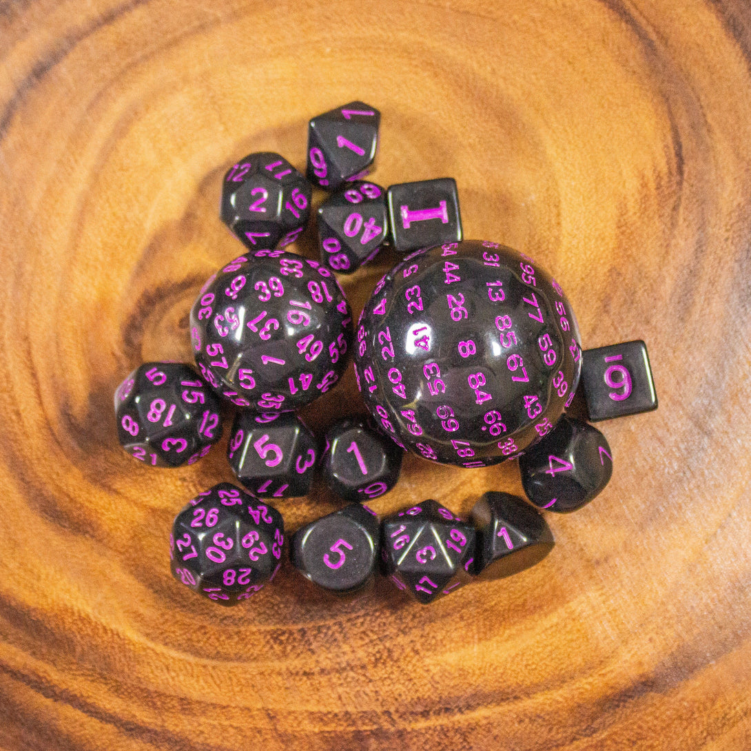 Block Black with Pink Numbering Dnd RPG 15 Piece Dice Set Zocchi Polyhedral dice Set D100 dice D60 dice D30 Dice - MysteryDiceGoblins