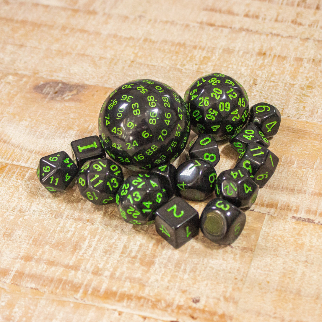 Block Black with Green Numbering Dnd RPG 15 Piece Dice Set Zocchi Polyhedral dice Set D100 dice D60 dice D30 Dice - MysteryDiceGoblins