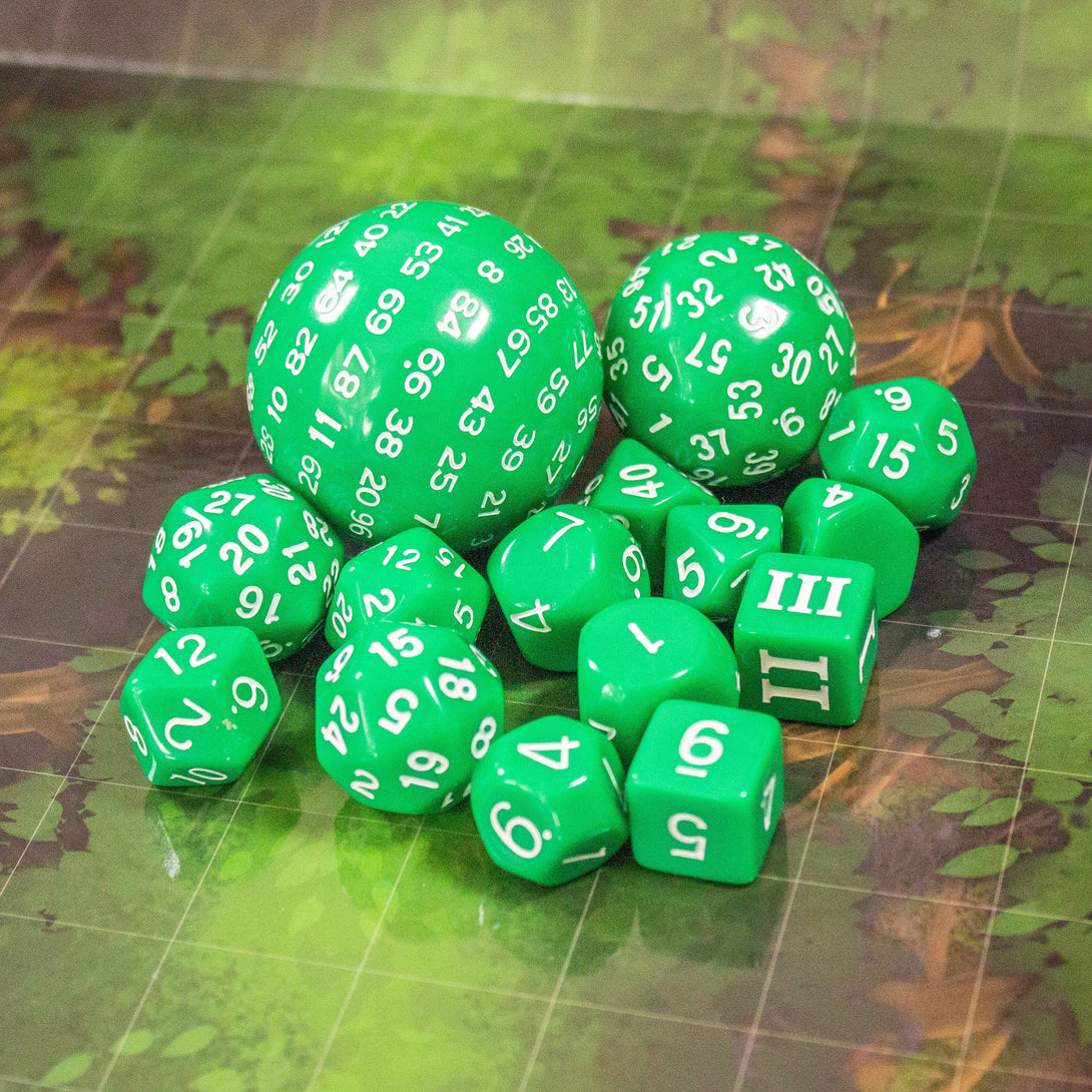 Block Green with White Numbering Dnd RPG 15 Piece Dice Set Zocchi Polyhedral dice Set D100 dice D60 dice D30 Dice - MysteryDiceGoblins