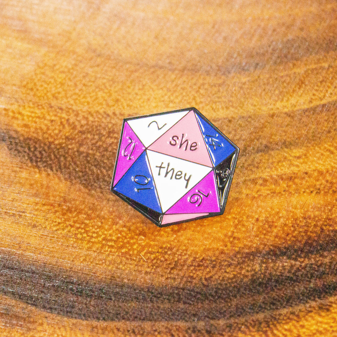 DnD She/They Enamel Pronoun Pin, D20 Black White Pink Purple dungeons and dragons non-binary he they pronoun badge pride - MysteryDiceGoblins