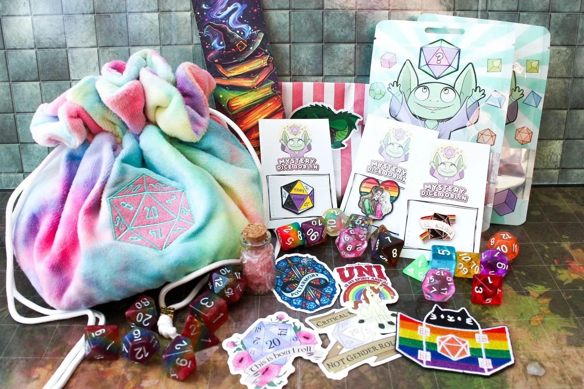 Ultimate Roll with Pride Box | LGBTQIA+ | Pride Flag Dice | Pride Dice | Pronoun Pin | Pronoun badge | Rainbow Dice | TTRPG  Gift box | LGBTQ - MysteryDiceGoblins