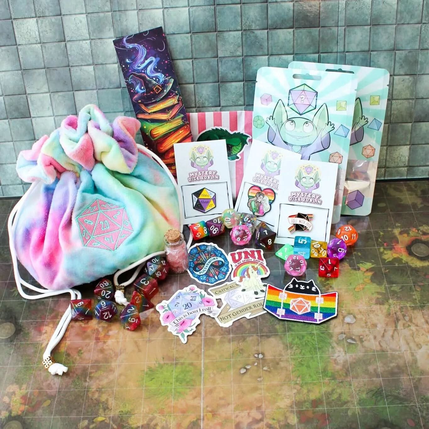Ultimate Roll with Pride Box | LGBTQIA+ | Pride Flag Dice | Pride Dice | Pronoun Pin | Pronoun badge | Rainbow Dice | TTRPG  Gift box | LGBTQ - MysteryDiceGoblins