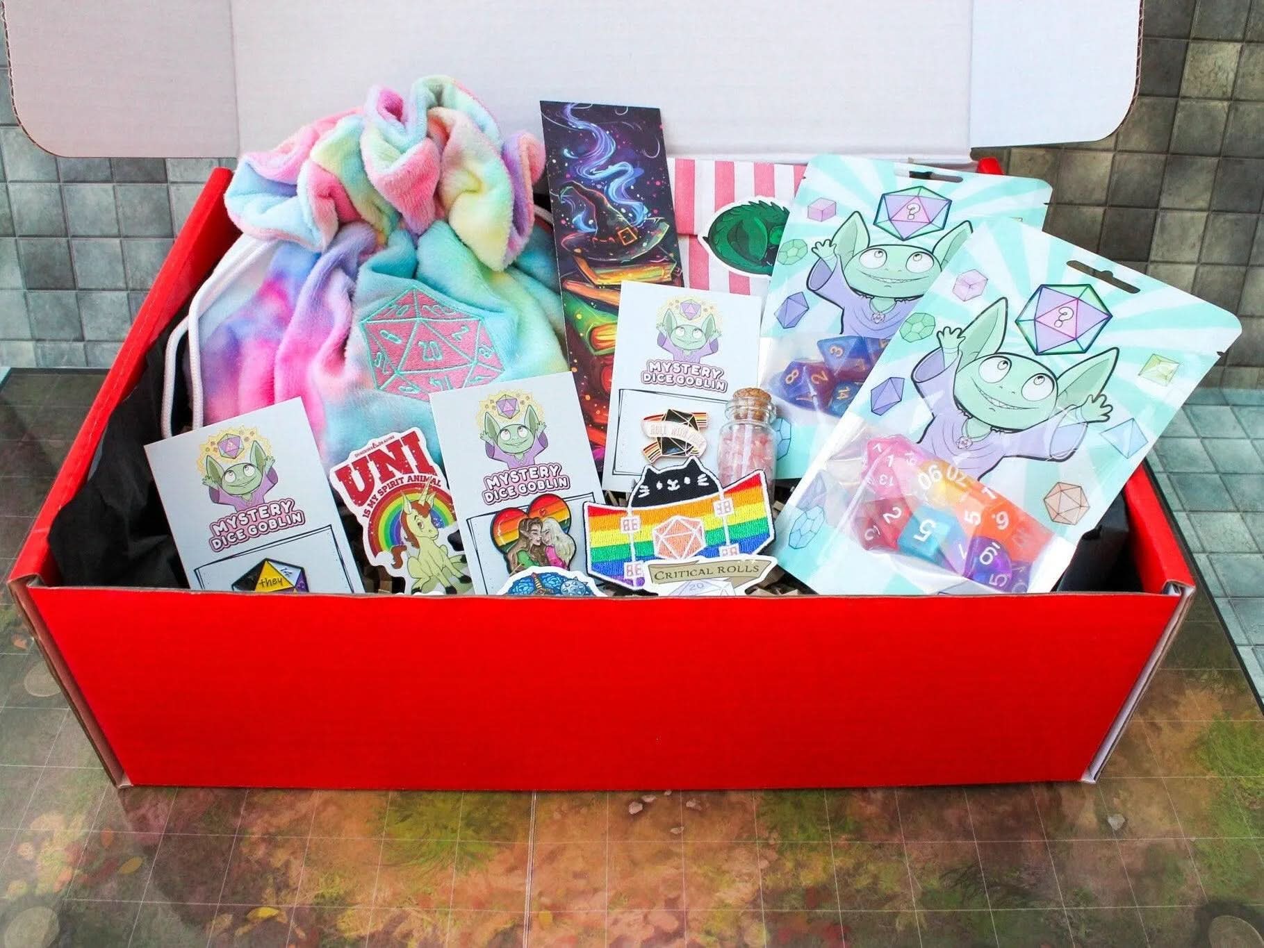 Ultimate Roll with Pride Box | LGBTQIA+ | Pride Flag Dice | Pride Dice | Pronoun Pin | Pronoun badge | Rainbow Dice | TTRPG  Gift box | LGBTQ - MysteryDiceGoblins