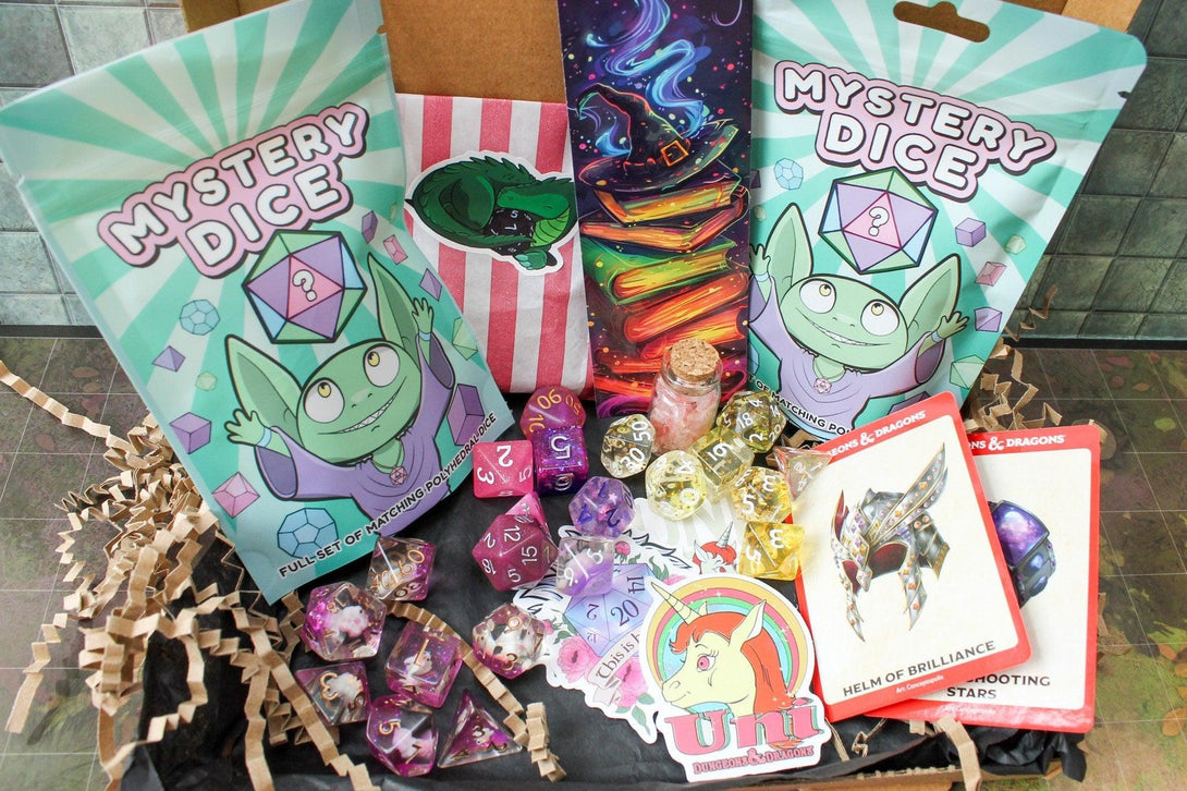 Unicorn DnD Gift Set | Unicorn Dice | Mystery Dice | DnD Gifts | Dungeon Master Gifts | Glitter Dice | DnD Bundles | DnD Gift Boxes - MysteryDiceGoblins