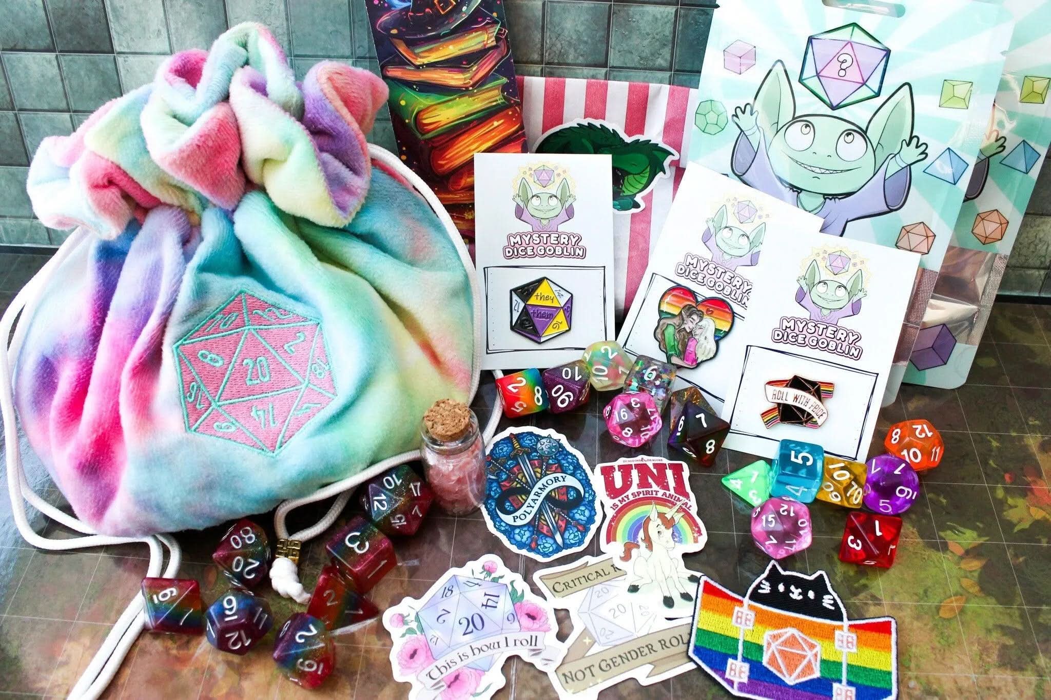Ultimate Roll with Pride Box | LGBTQIA+ | Pride Flag Dice | Pride Dice | Pronoun Pin | Pronoun badge | Rainbow Dice | TTRPG  Gift box | LGBTQ - MysteryDiceGoblins