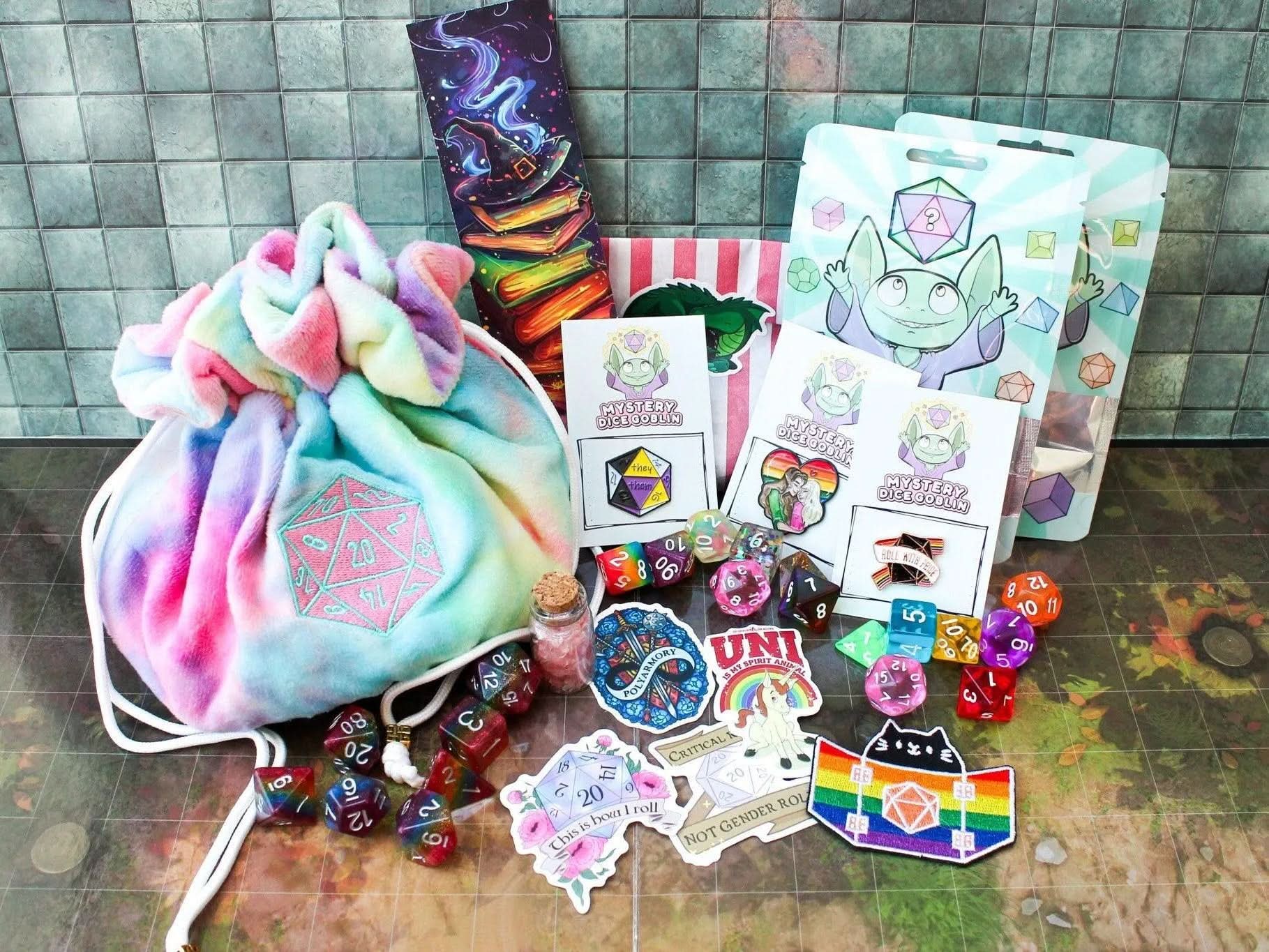 Ultimate Roll with Pride Box | LGBTQIA+ | Pride Flag Dice | Pride Dice | Pronoun Pin | Pronoun badge | Rainbow Dice | TTRPG  Gift box | LGBTQ - MysteryDiceGoblins