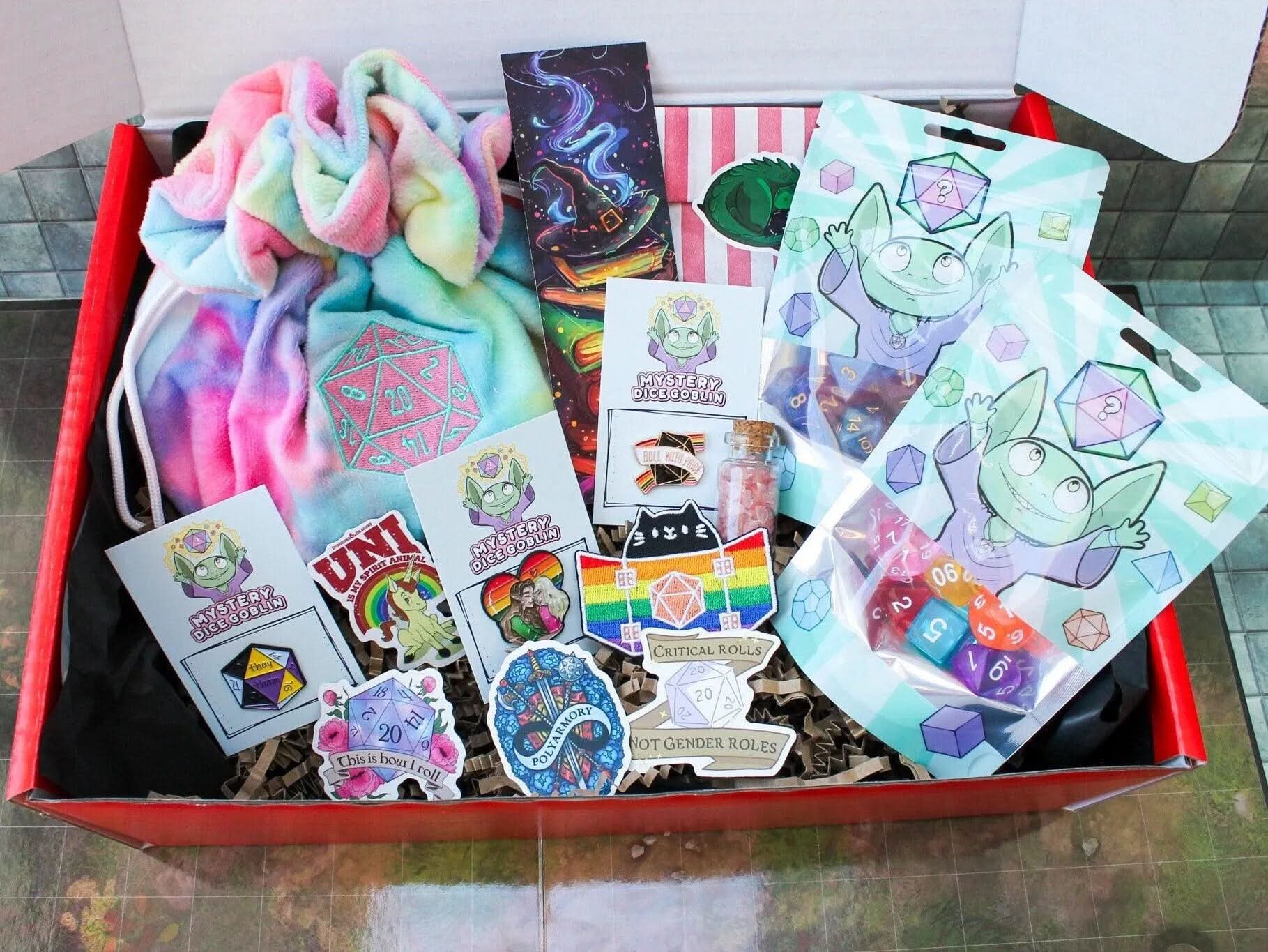 Ultimate Roll with Pride Box | LGBTQIA+ | Pride Flag Dice | Pride Dice | Pronoun Pin | Pronoun badge | Rainbow Dice | TTRPG  Gift box | LGBTQ - MysteryDiceGoblins