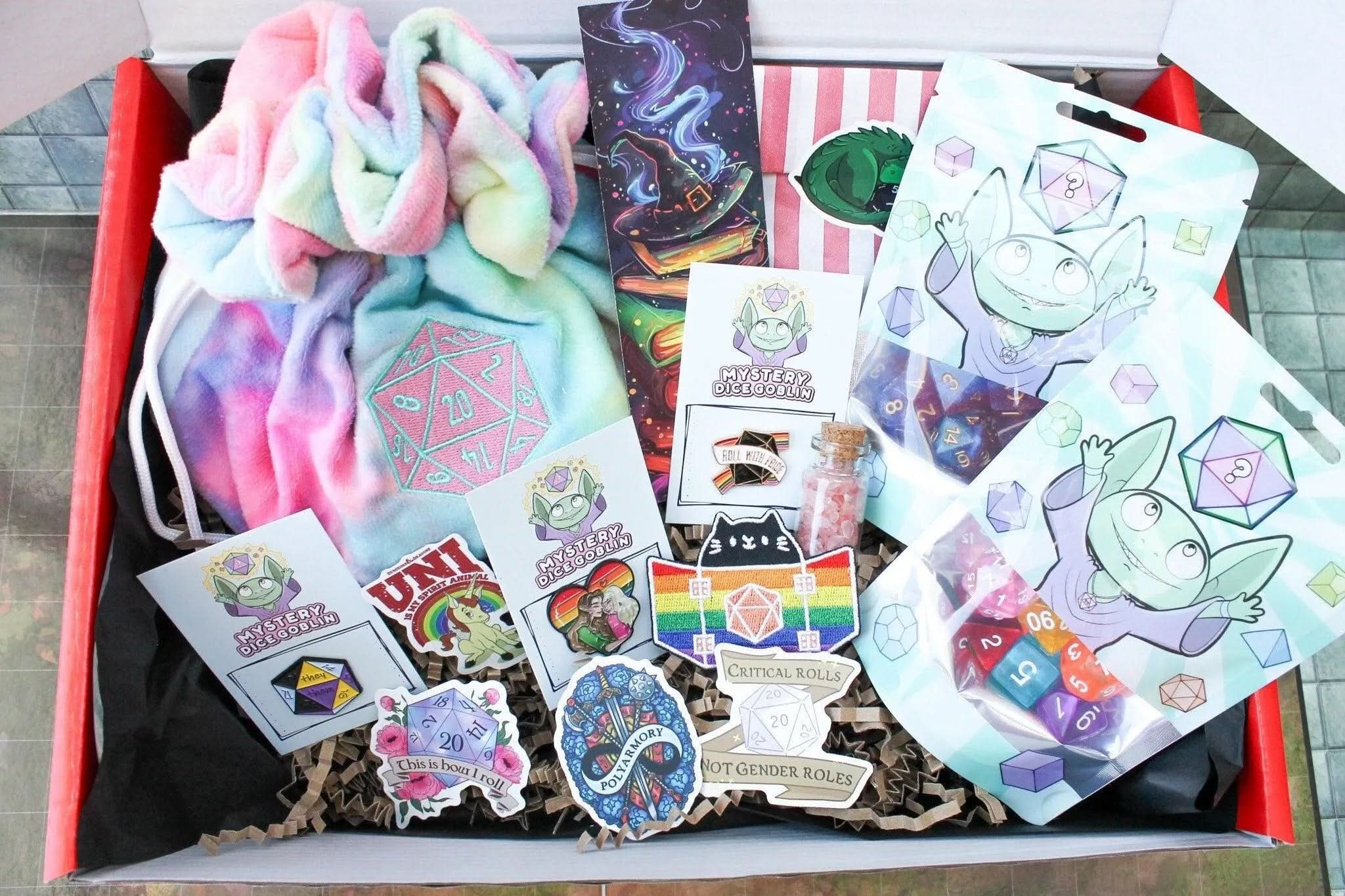 Ultimate Roll with Pride Box | LGBTQIA+ | Pride Flag Dice | Pride Dice | Pronoun Pin | Pronoun badge | Rainbow Dice | TTRPG  Gift box | LGBTQ - MysteryDiceGoblins
