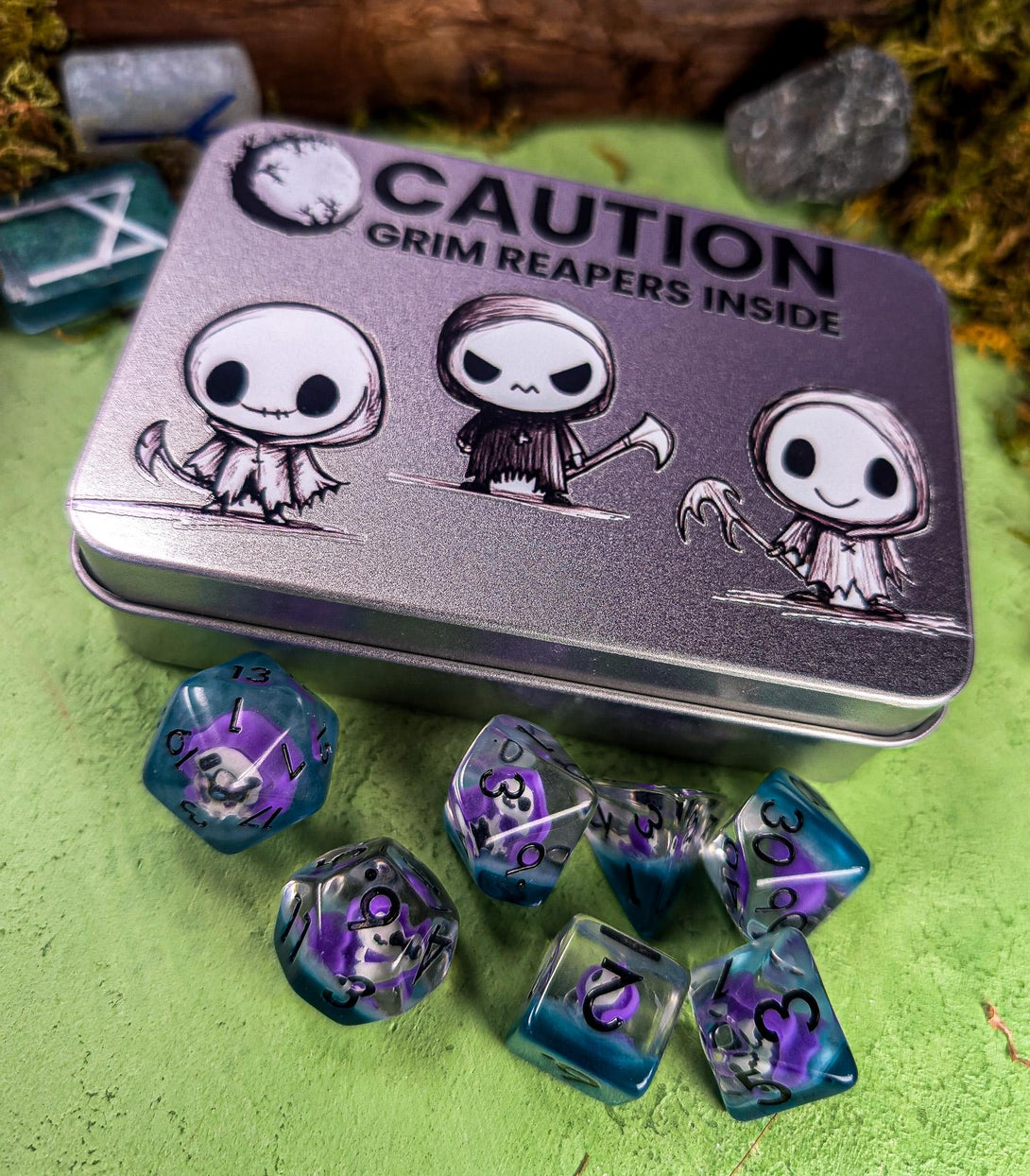 Grim Reaper Dice | Dice Tin | Dice Storage | Reaper DnD Dice for Dungeons and Dragons | RPG Dice | Inclusion Dice | DnD Gift Tiin - MysteryDiceGoblins