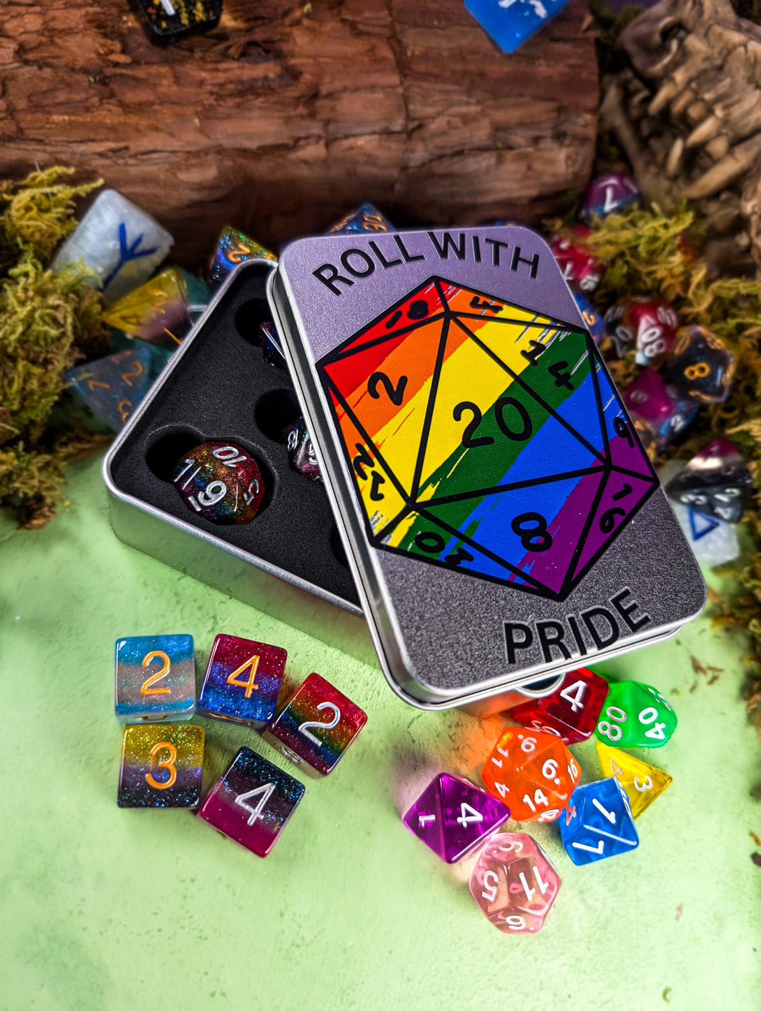 Roll With Pride Dice Tin | Pride Flag Dice |LGBTQ Dice | Trans Dice | Rainbow Dice | Asexual Dice | Bisexual Dice | Nonbinary Dice |DnD Dice - MysteryDiceGoblins