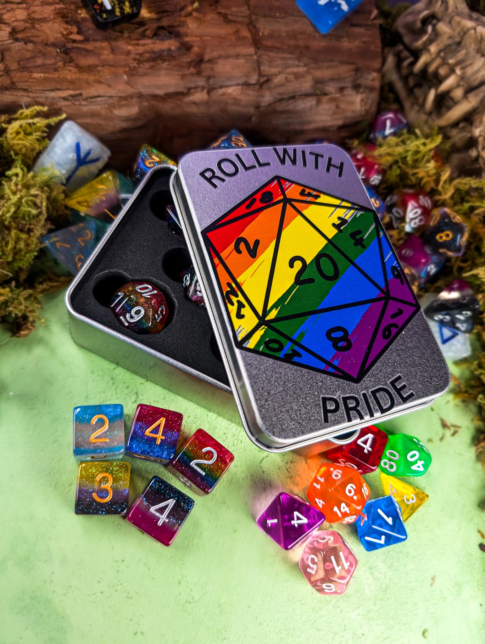 Roll With Pride Dice Tin | Pride Flag Dice |LGBTQ Dice | Trans Dice | Rainbow Dice | Asexual Dice | Bisexual Dice | Nonbinary Dice |TTRPG  Dice - MysteryDiceGoblins