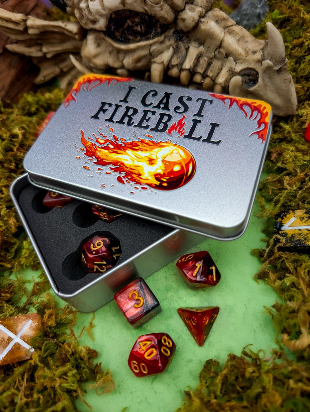 Fireball Dice Set | Dice Tin | Wizard Dice| Dice Storage | Dice for DnD Dungeons and Dragons | RPG Dice | Inclusion Dice | Dice Gift Tin - MysteryDiceGoblins