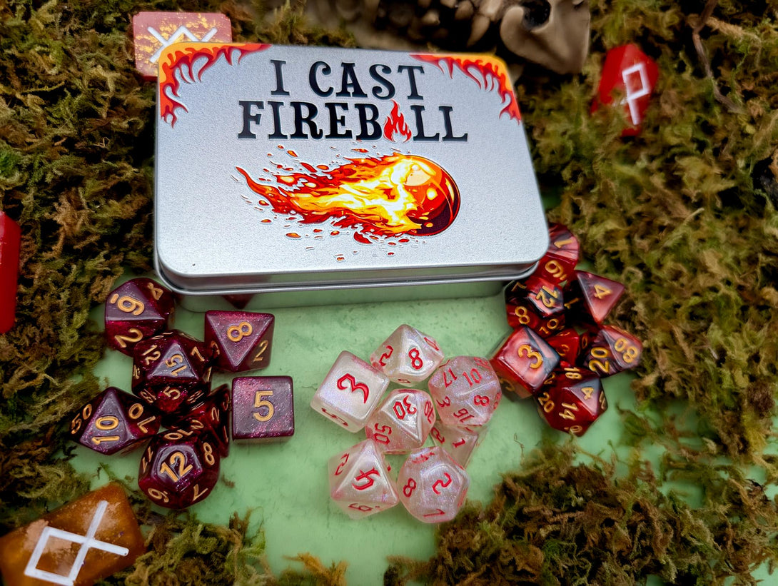 Fireball Dice Set | Dice Tin | Wizard Dice| Dice Storage | Dice for DnD Dungeons and Dragons | RPG Dice | Inclusion Dice | Dice Gift Tin - MysteryDiceGoblins