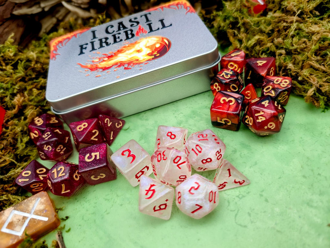 Fireball Dice Set | Dice Tin | Wizard Dice| Dice Storage | Dice for DnD Dungeons and Dragons | RPG Dice | Inclusion Dice | Dice Gift Tin - MysteryDiceGoblins