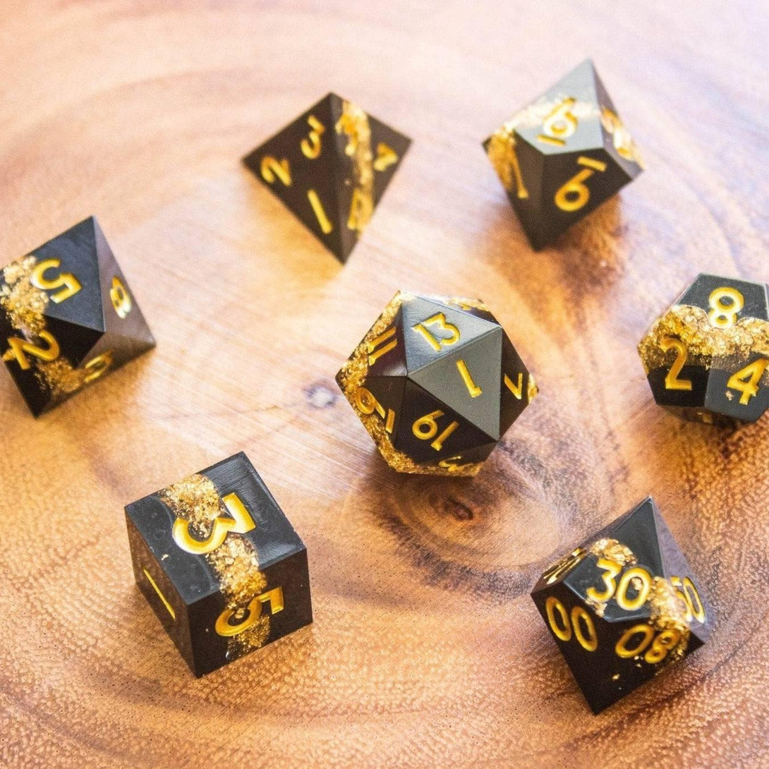 Black Goldleaf Sharp Edge Dice Set - Mystery Dice Goblin