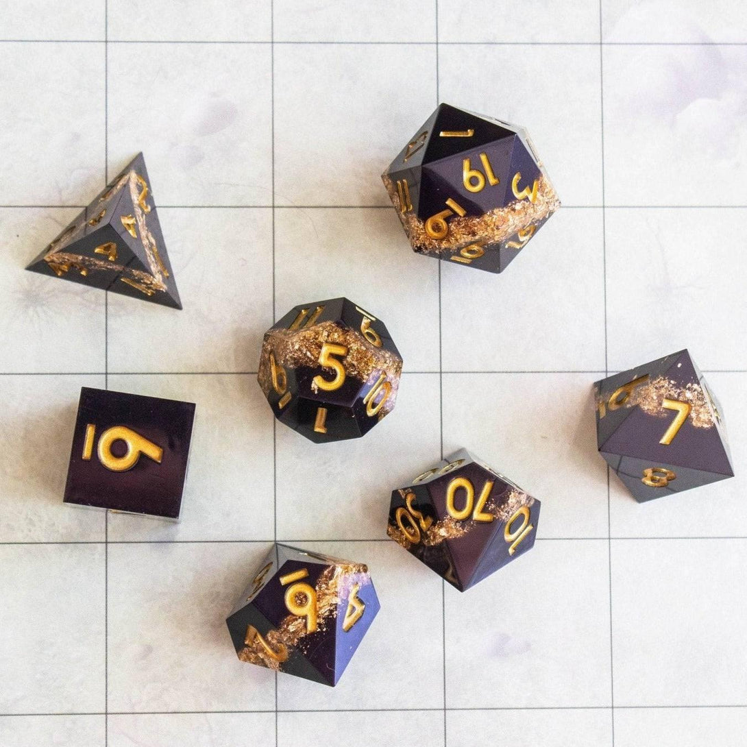 Black Goldleaf Sharp Edge Dice Set - Mystery Dice Goblin