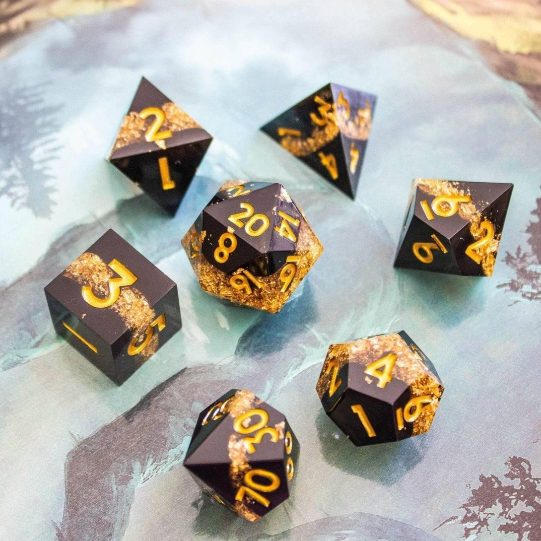 Black Goldleaf Sharp Edge Dice Set - Mystery Dice Goblin