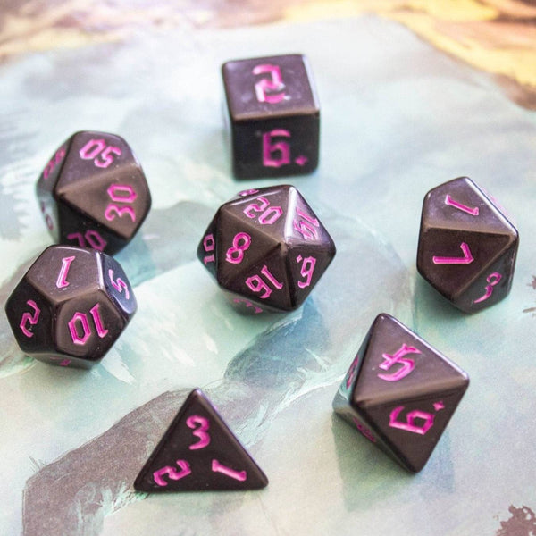 Black Witch Dice With Pink Scratching Dice Set - Mystery Dice Goblin
