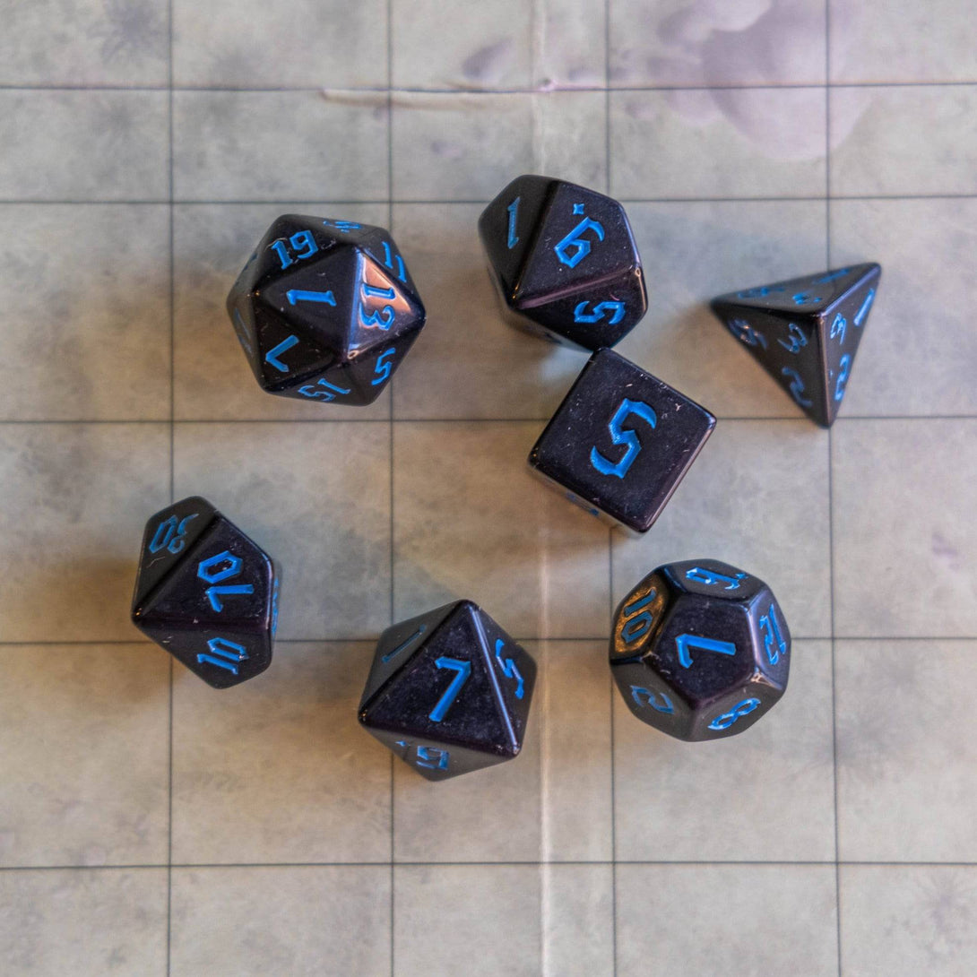 Black Witch With Blue Scratching Dice Set - Mystery Dice Goblin