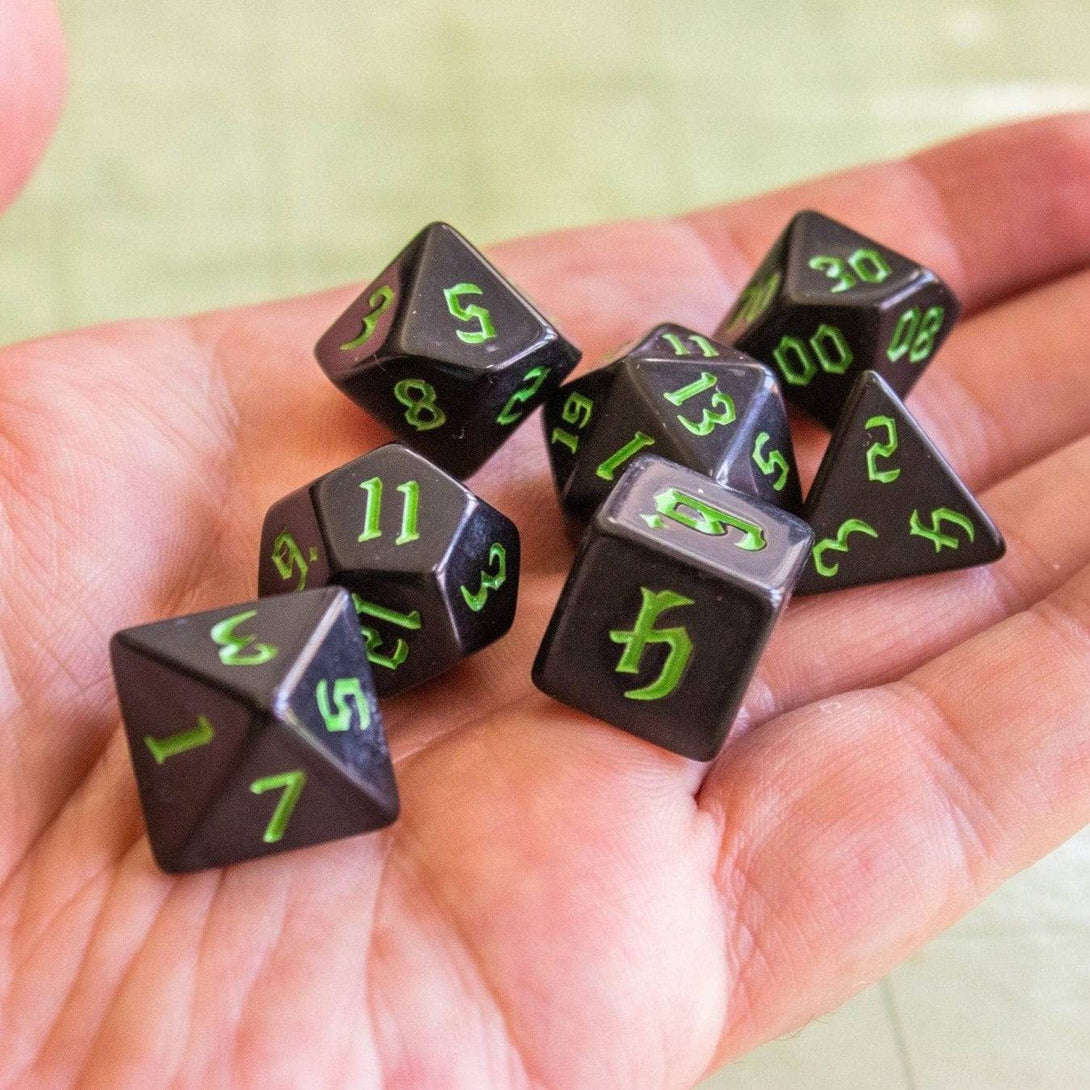 Black Witch With Green Scratching Dice Set - Mystery Dice Goblin