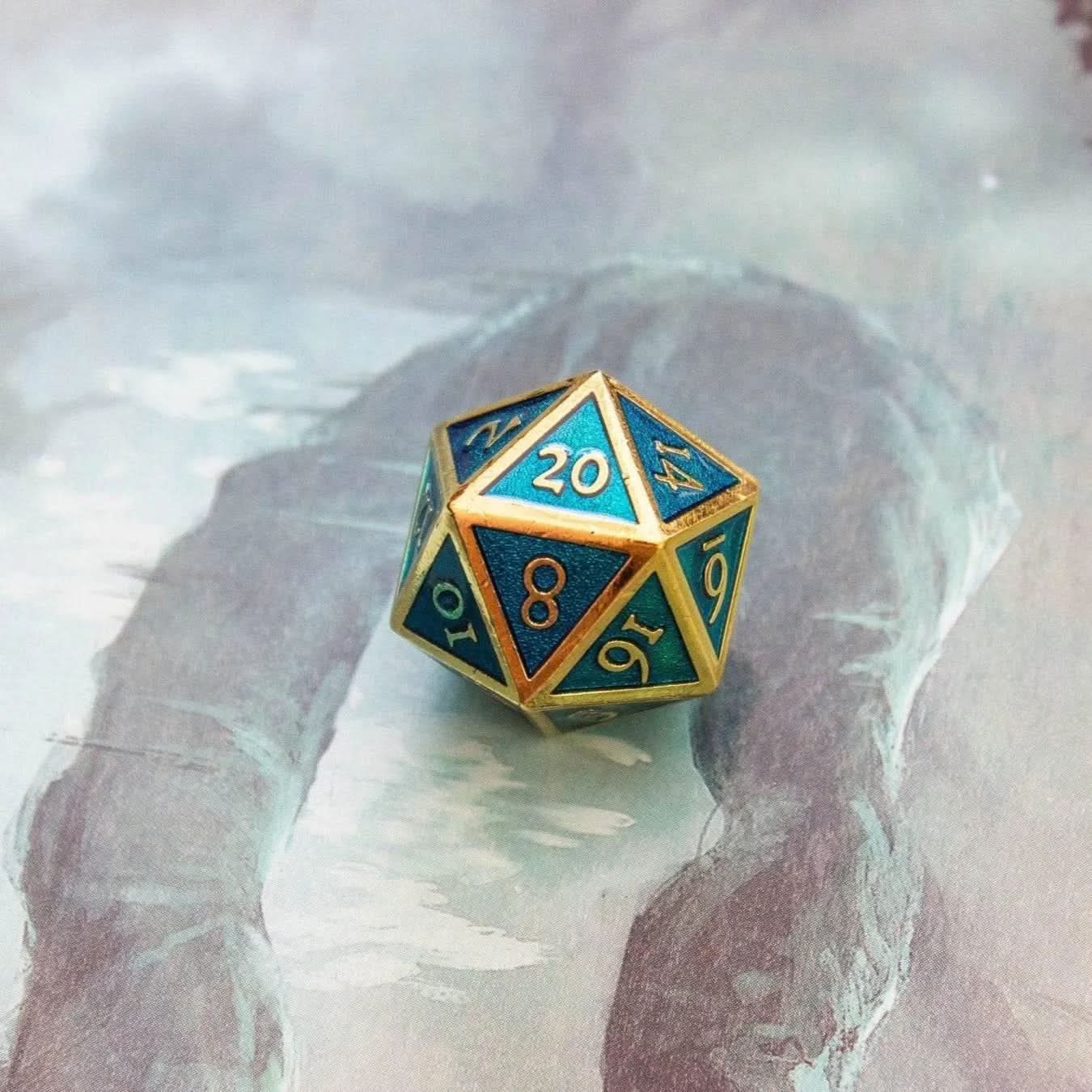 Blue and Gold Metal Dice Set