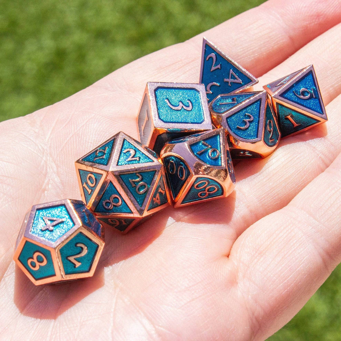 Blue and Rose Gold Metal Dice Set - Mystery Dice Goblin