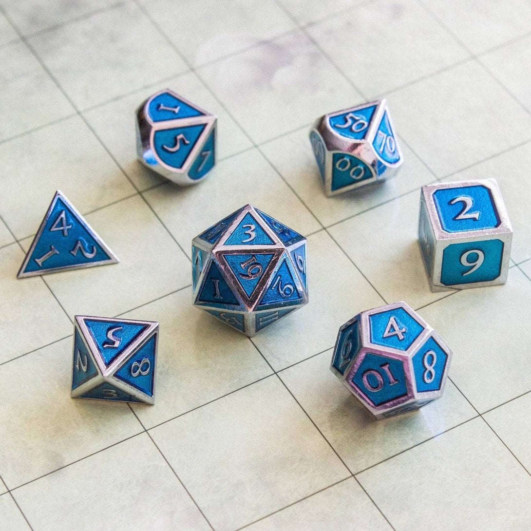 Blue and Silver Metal Dice Set - Mystery Dice Goblin