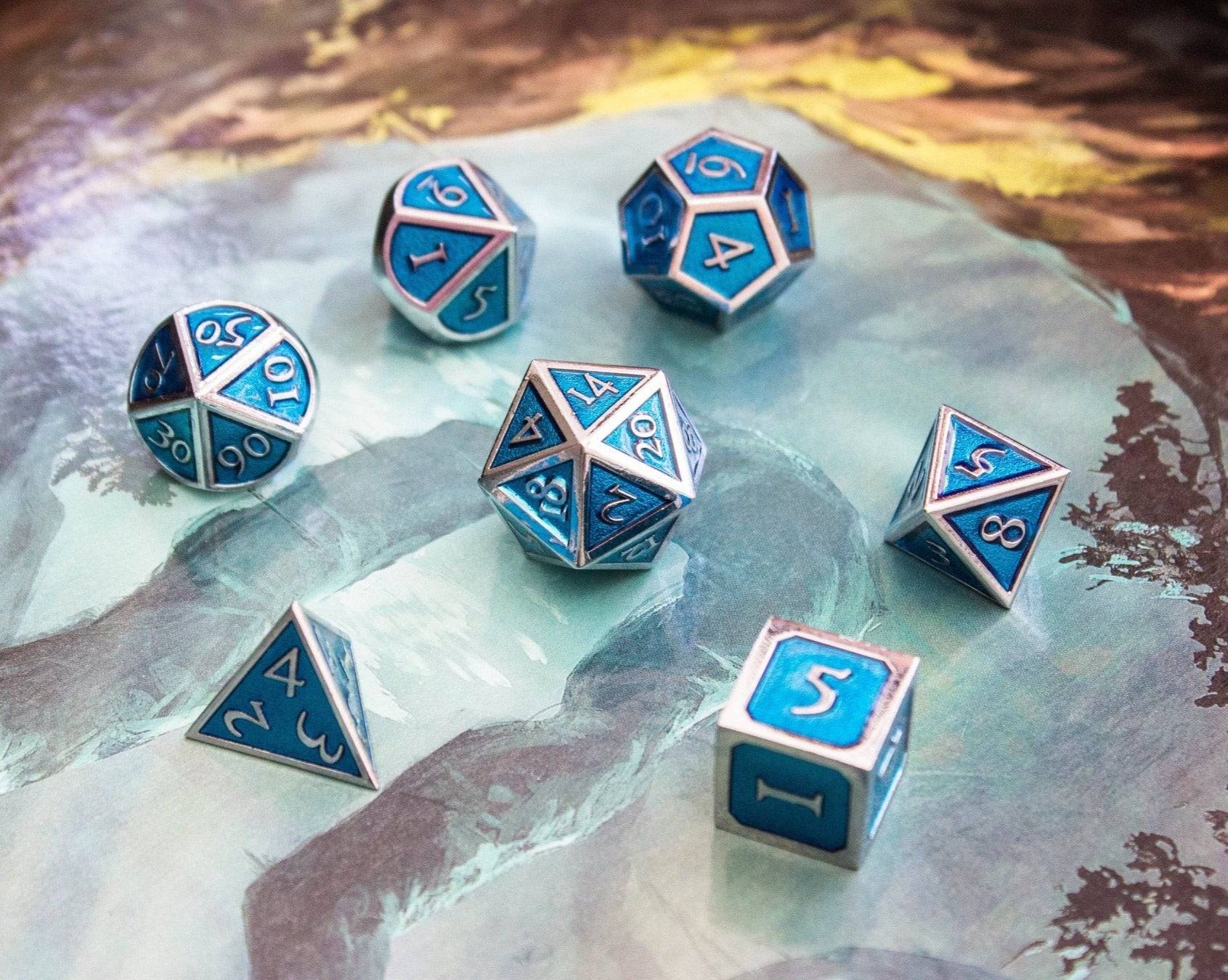 Blue and Silver Metal Dice Set - Mystery Dice Goblin