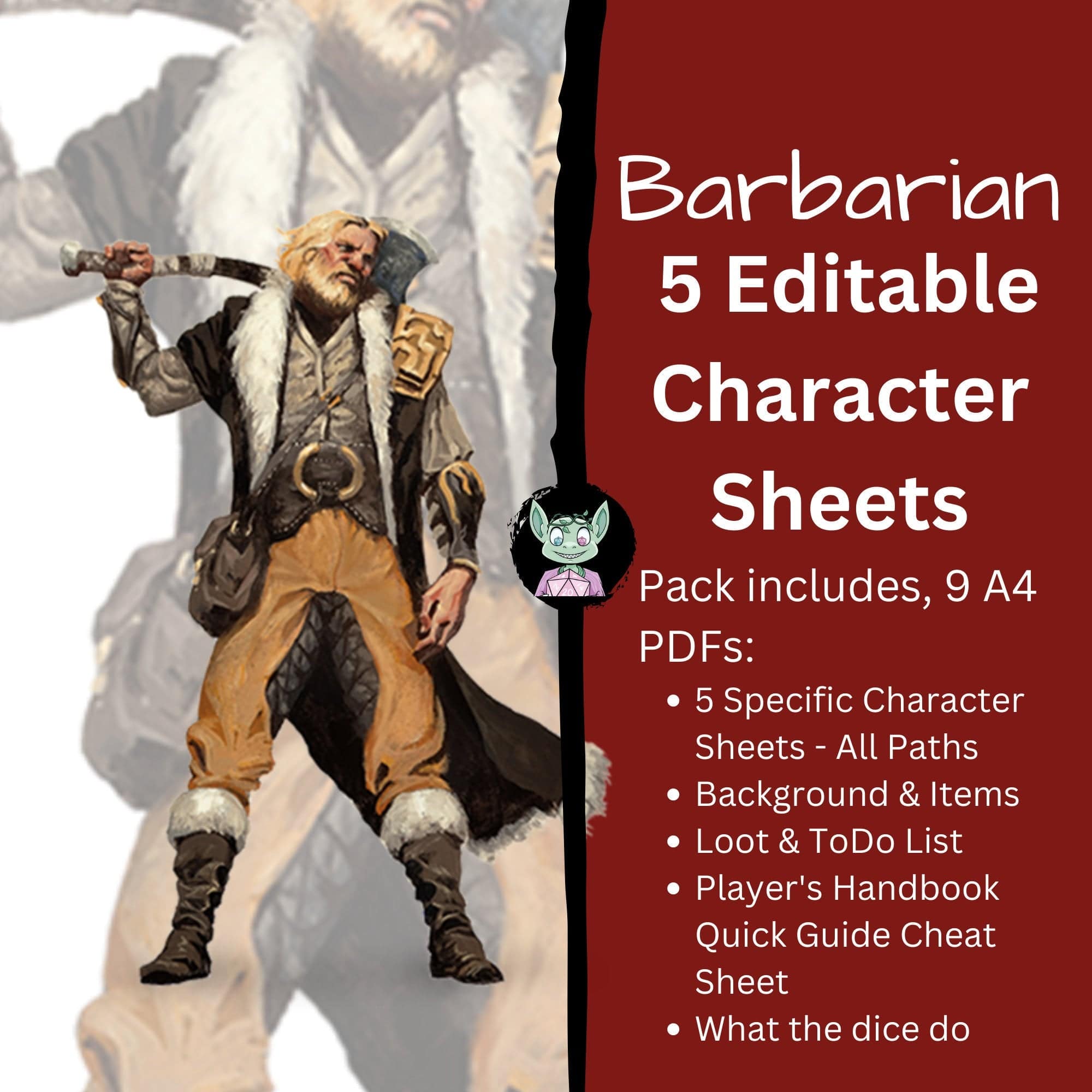 DnD Barbarian Character Sheet - Mystery Dice Goblin