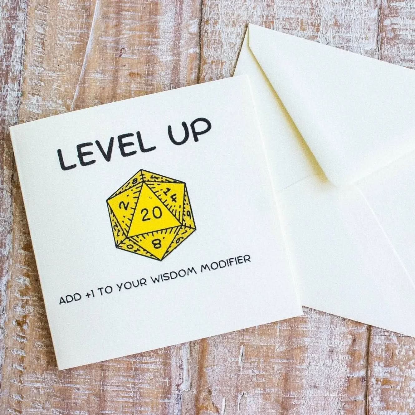 DnD Birthday Card Level Up +1 Wisdom - Mystery Dice Goblin