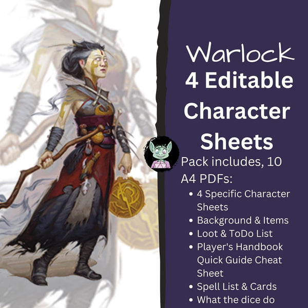 DnD Warlock Character Sheet - Mystery Dice Goblin