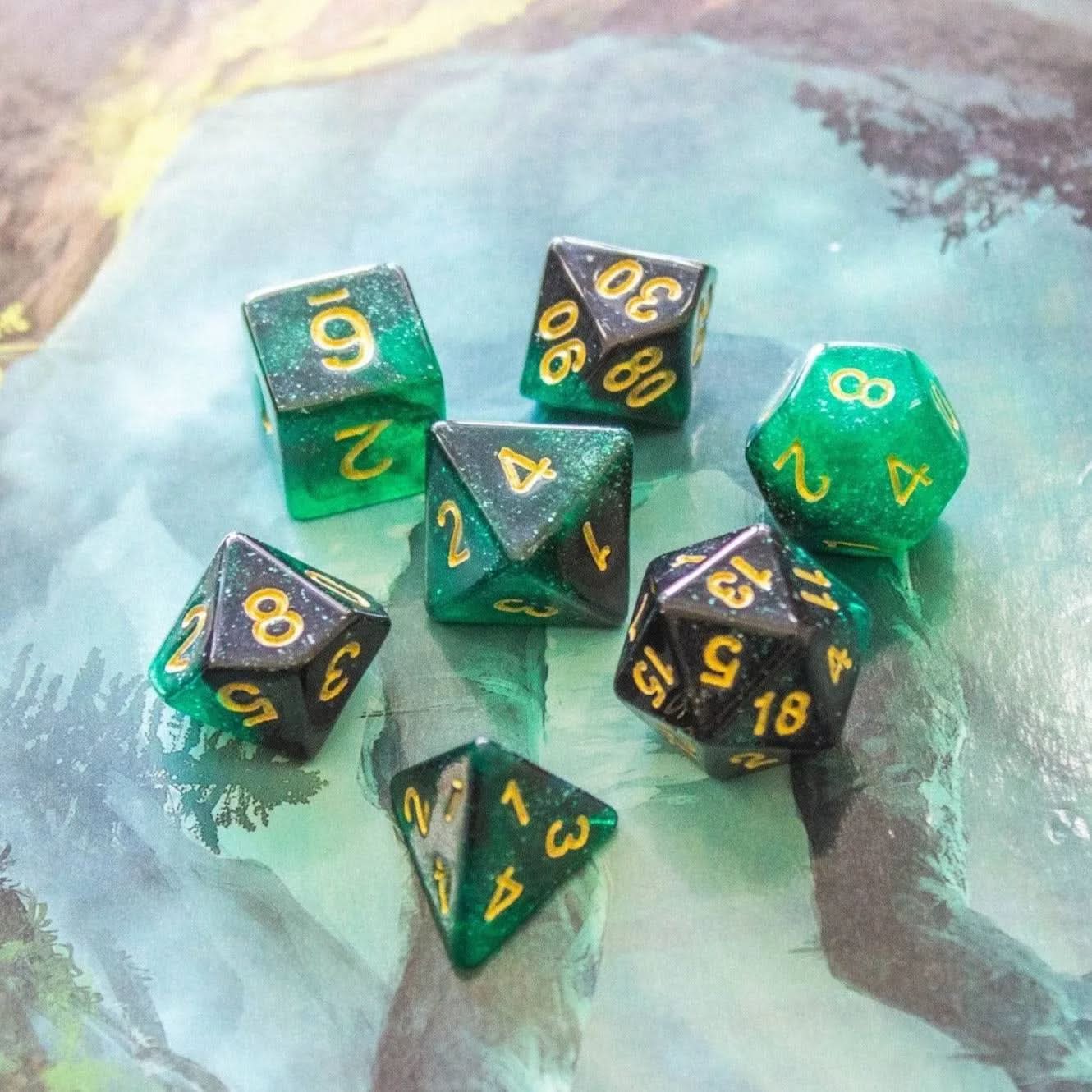 Green and Black Galaxy Dice Set
