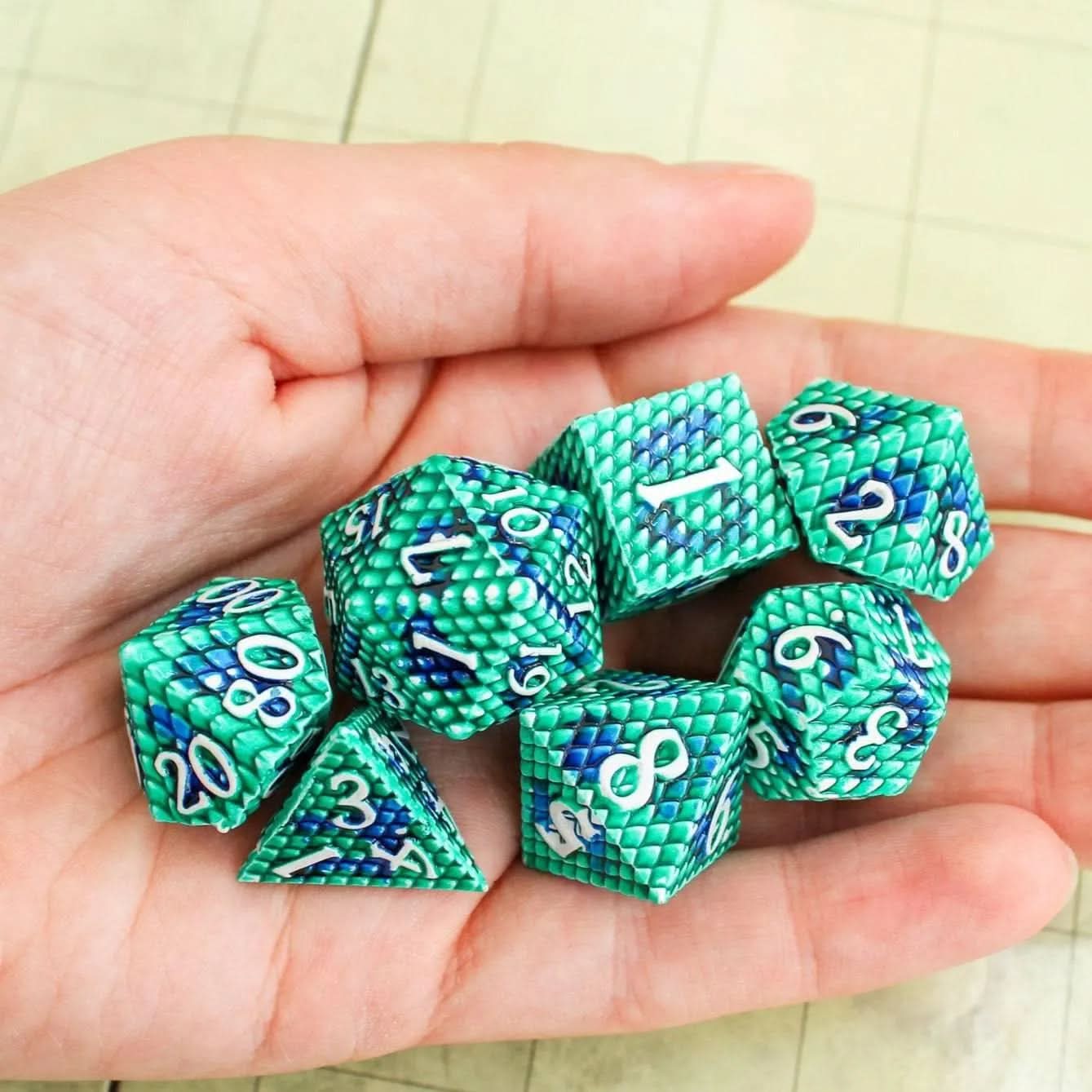 Aqua Dragon Scale Metal Dice Set