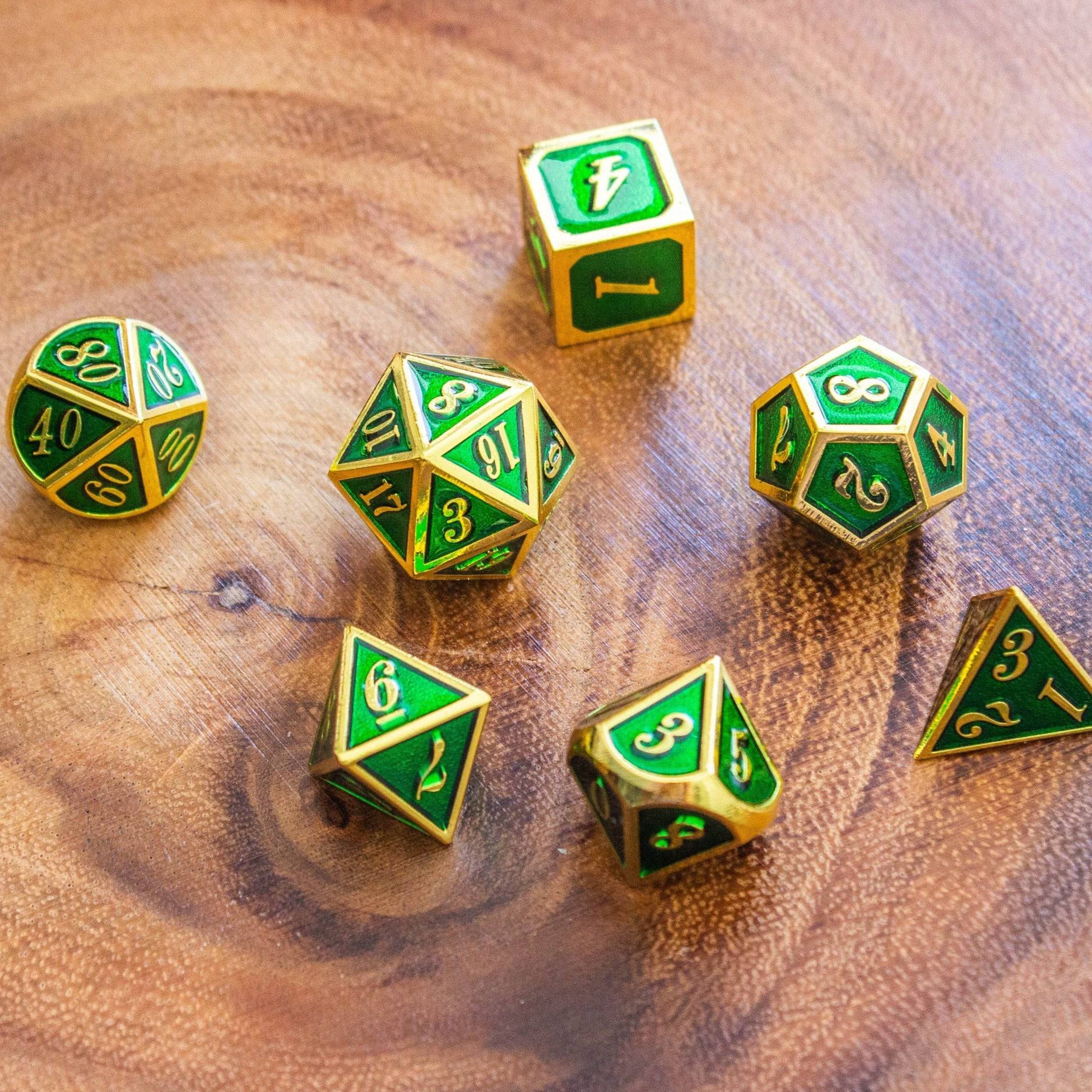 Green and Gold Metal Dice Set - Mystery Dice Goblin