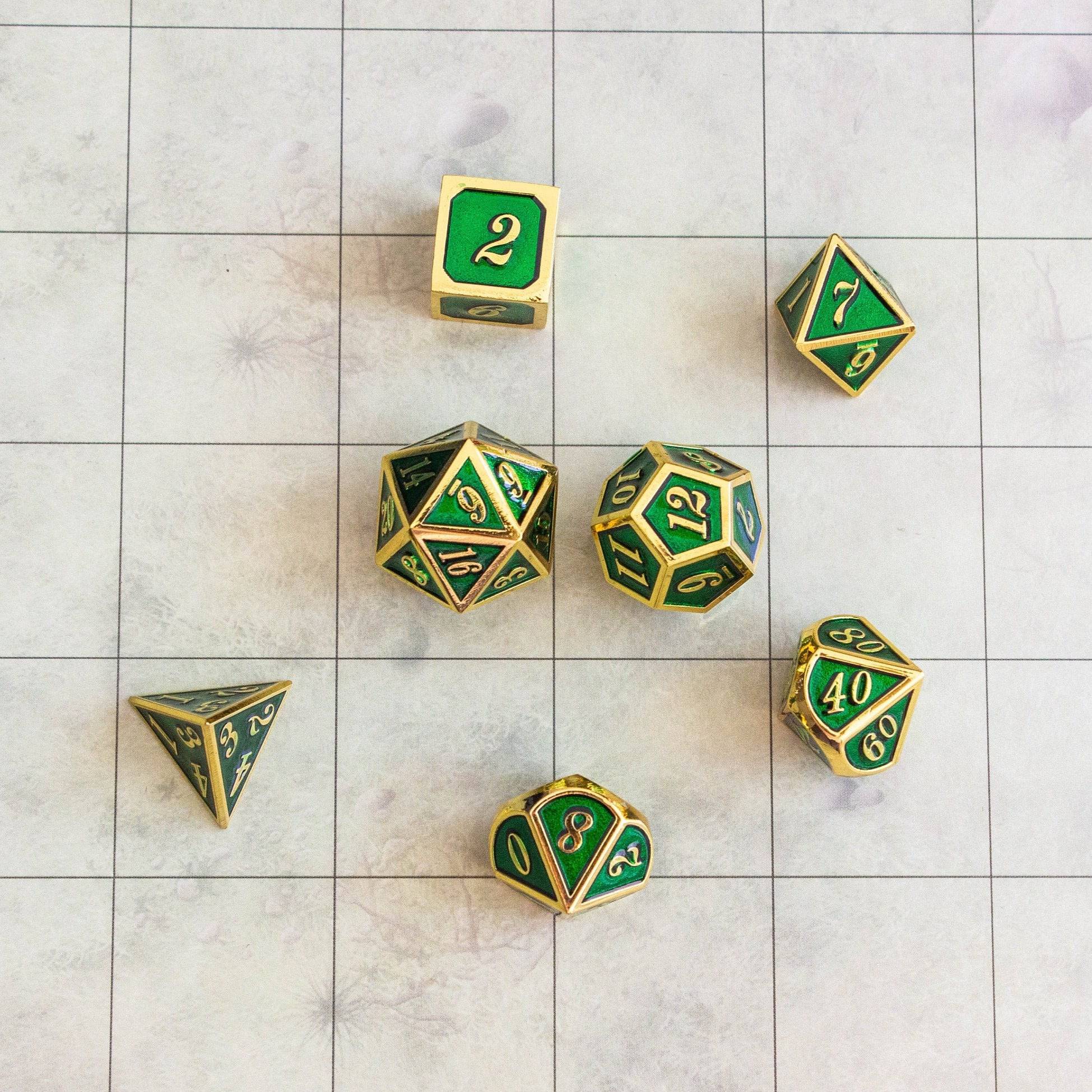 Green and Gold Metal Dice Set - Mystery Dice Goblin