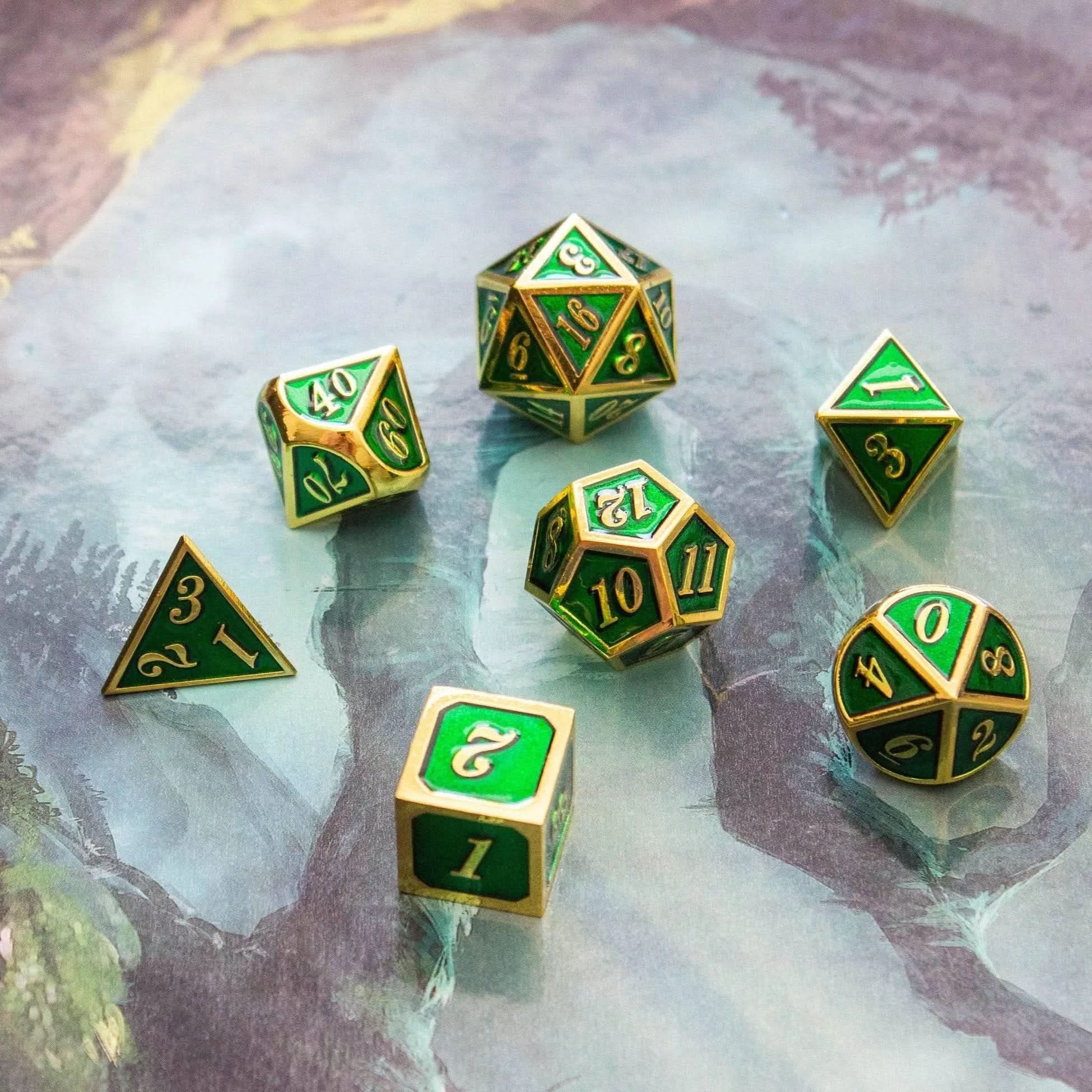 Green and Gold Metal Dice Set - Mystery Dice Goblin