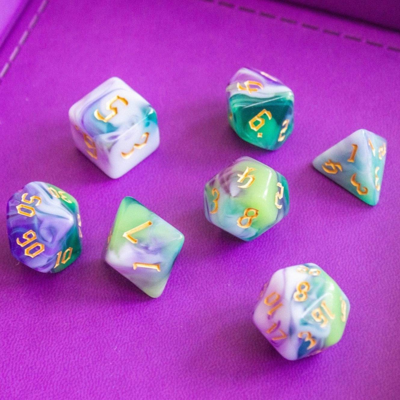 Purple Green and Pink DnD dice - Mystery Dice Goblin