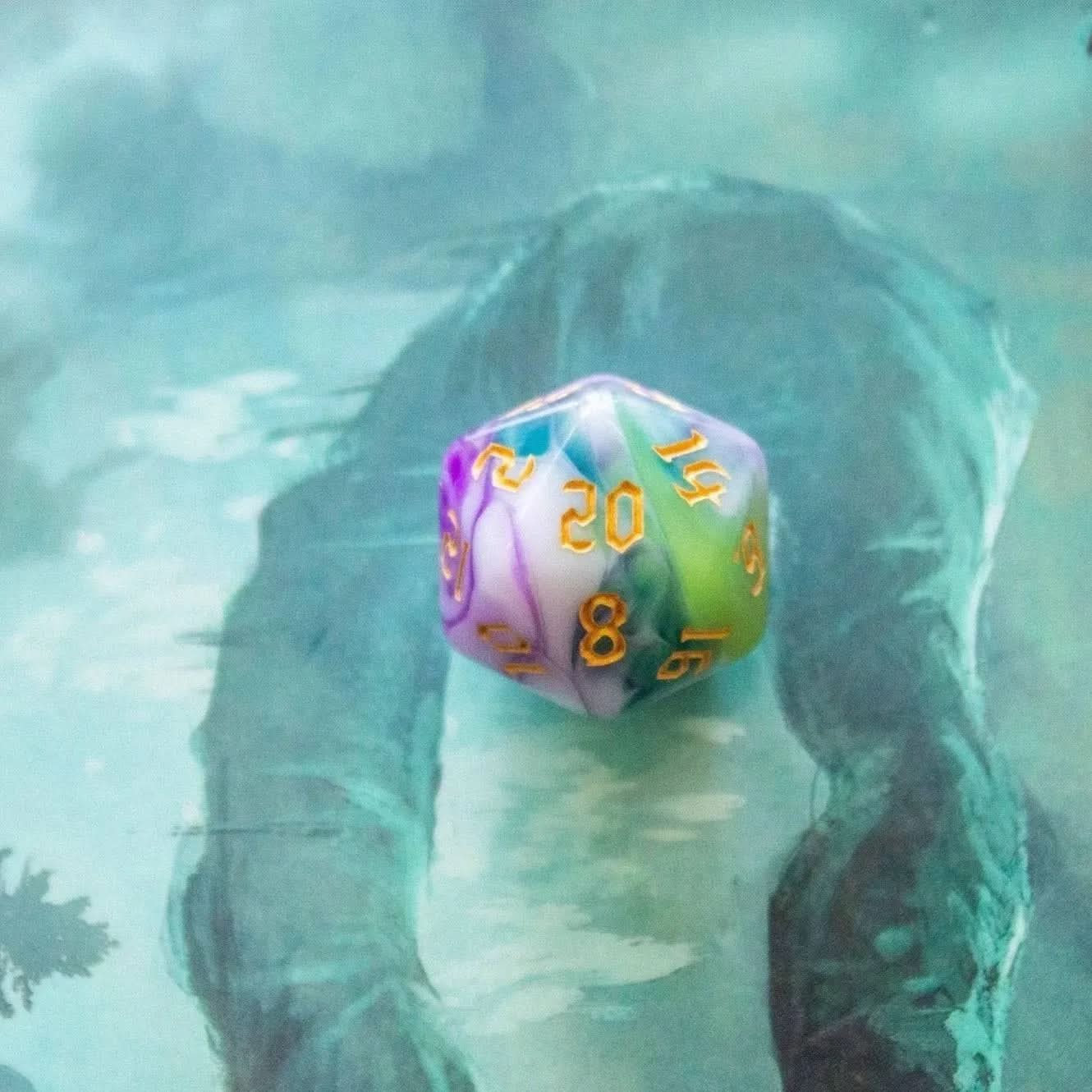 Purple Green and Pink DnD dice - Mystery Dice Goblin