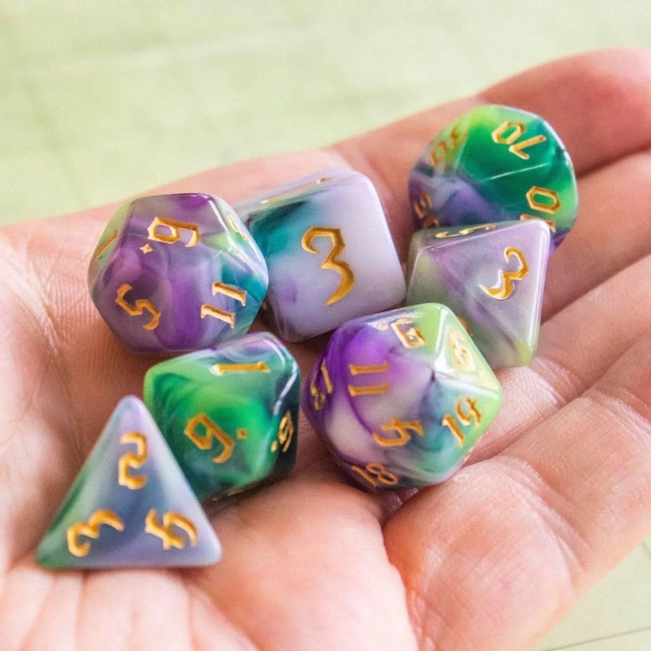 Purple Green and Pink DnD dice - Mystery Dice Goblin