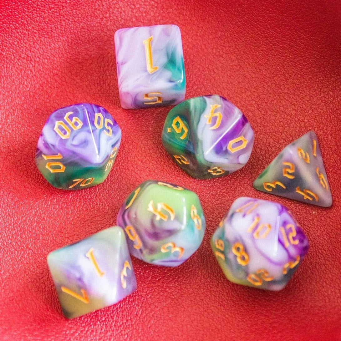 Purple Green and Pink DnD dice - Mystery Dice Goblin