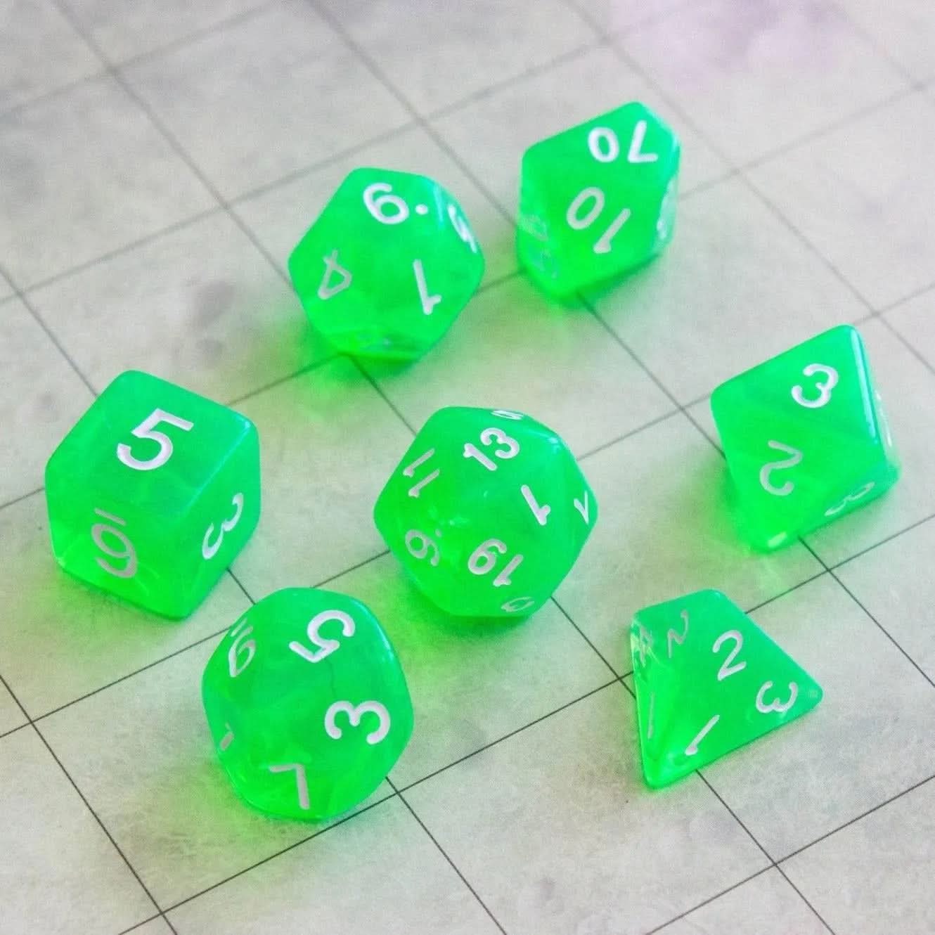Radiant Green TTRPG  Dice Set - Mystery Dice Goblin