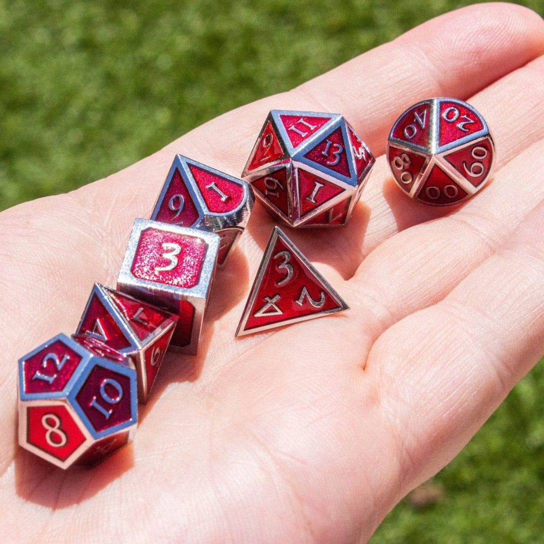 Red and Silver Metal Dice Set - Mystery Dice Goblin