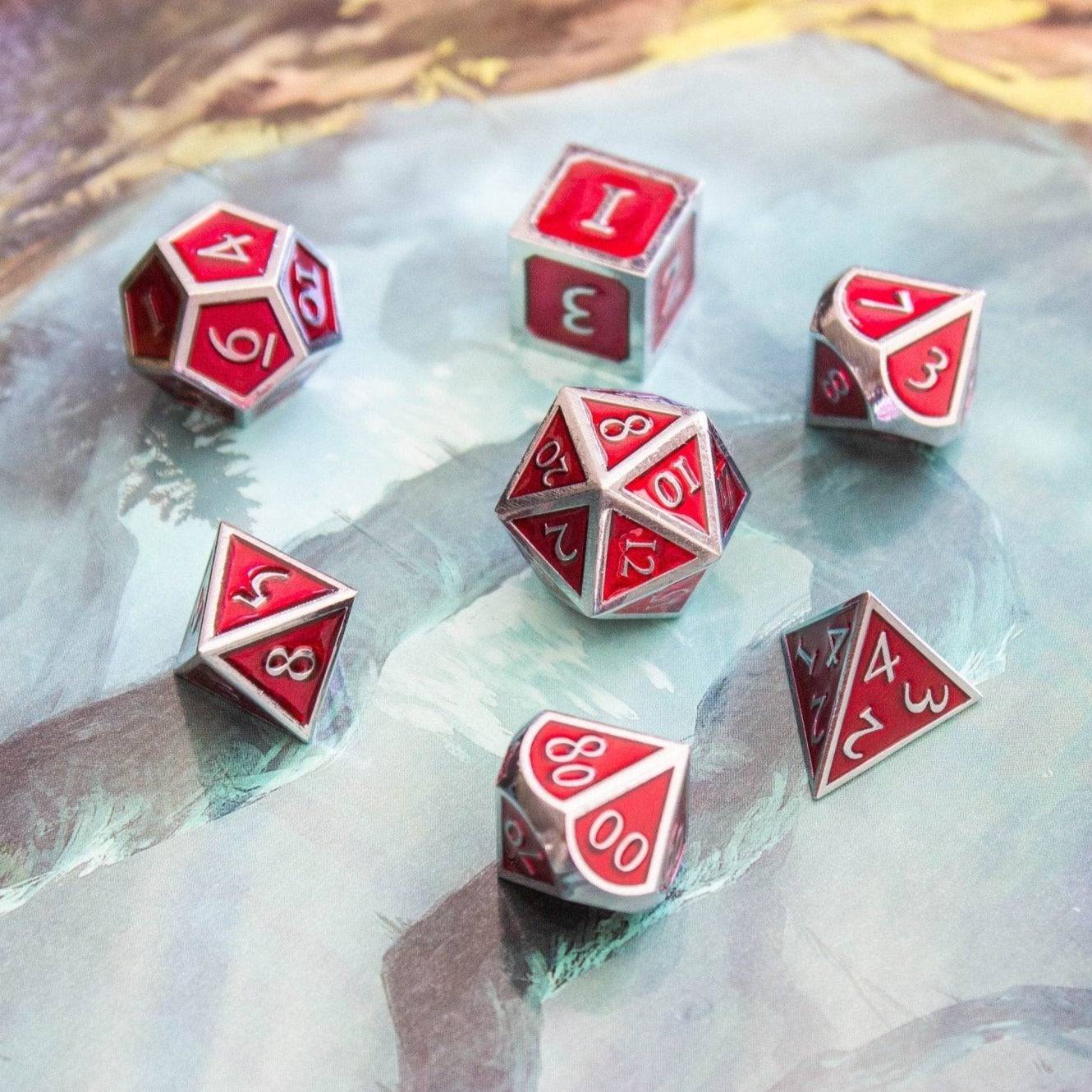 Red and Silver Metal Dice Set - Mystery Dice Goblin