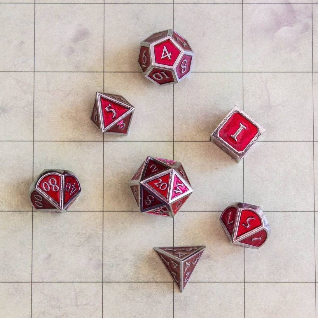 Red and Silver Metal Dice Set - Mystery Dice Goblin