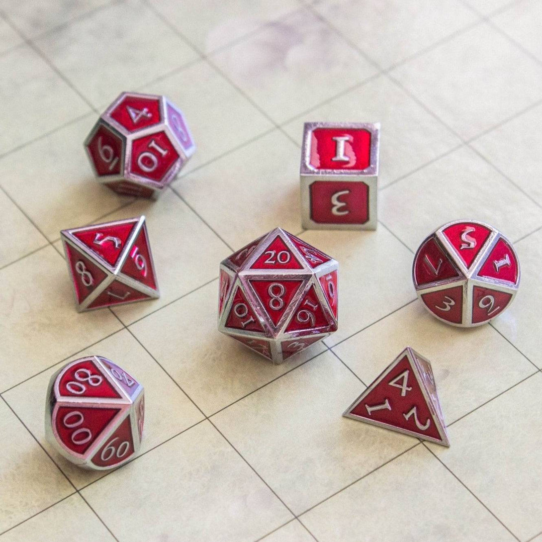 Red and Silver Metal Dice Set - Mystery Dice Goblin