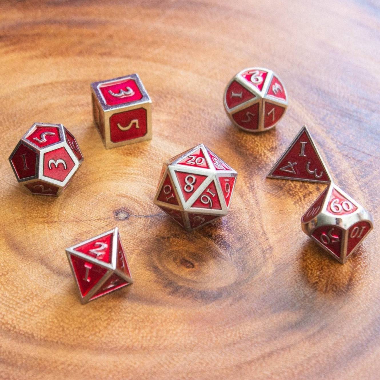 Red and Silver Metal Dice Set - Mystery Dice Goblin