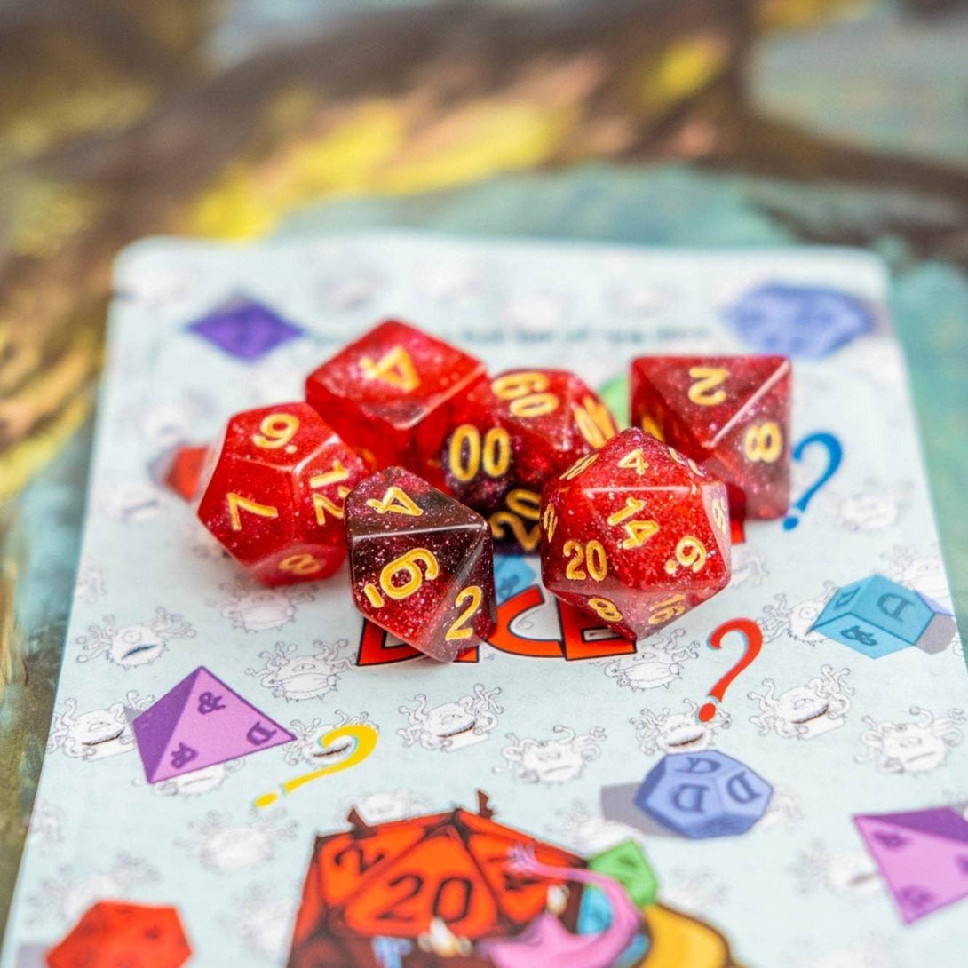 Red Sparkle dice set on a mystery bag - Mystery Dice Goblin