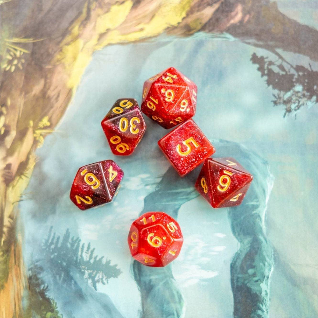 face down view of sparkly red dnd dice - Mystery Dice Goblin