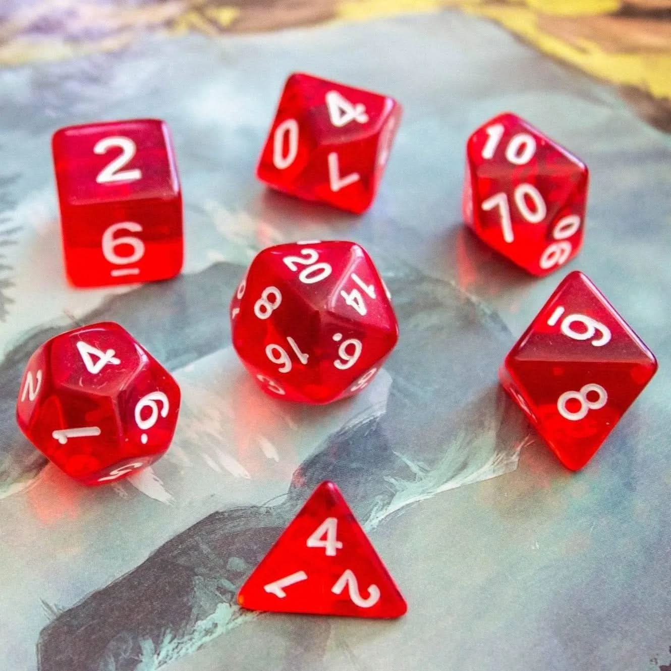 Transparent Red TTRPG  Dice Set - Mystery Dice Goblin