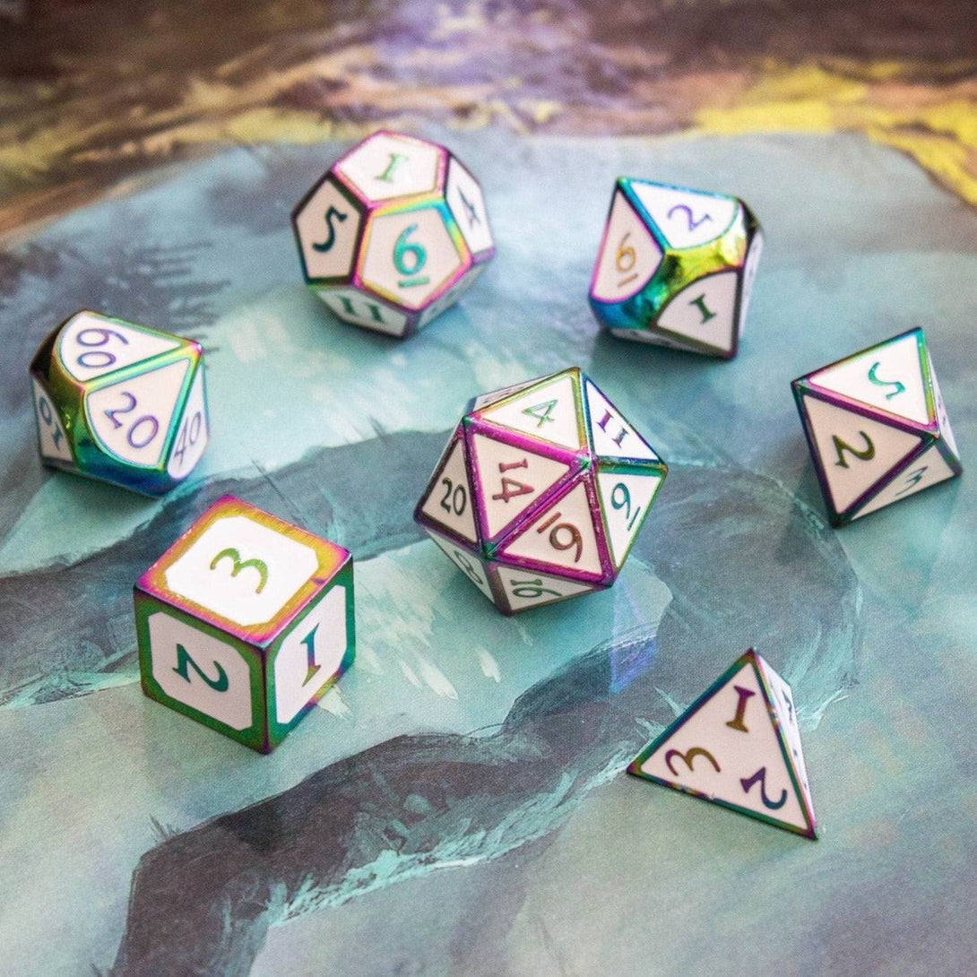 White and Rainbow Metal Dice Set - Mystery Dice Goblin